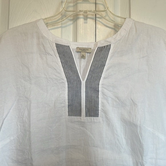 Women’s Talbots Sz MP cap sleeve linen tunic nautical white blue striped v neck - Picture 4 of 10